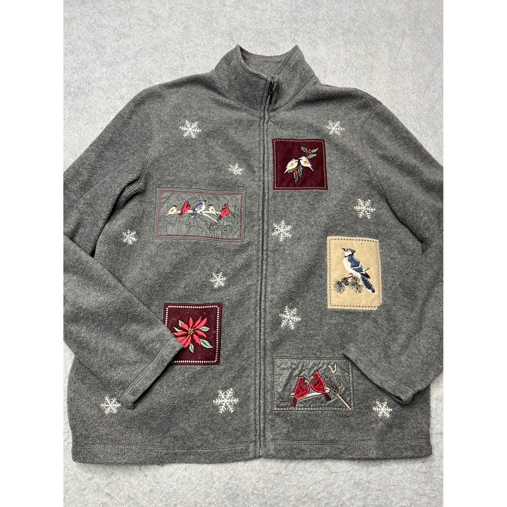 Croft & Barrow Womens Gray Fleece Full Zip Jacket Bird Snowflake Embroidered L